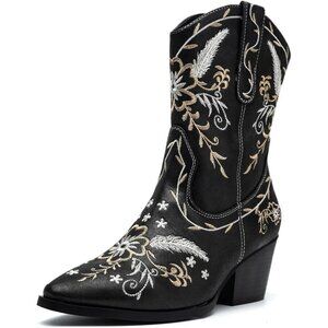 ANJOUFEMME Cowboy Boots for Women, Chunky Heel Mid-Calf, Side Zip, Pointy Toe